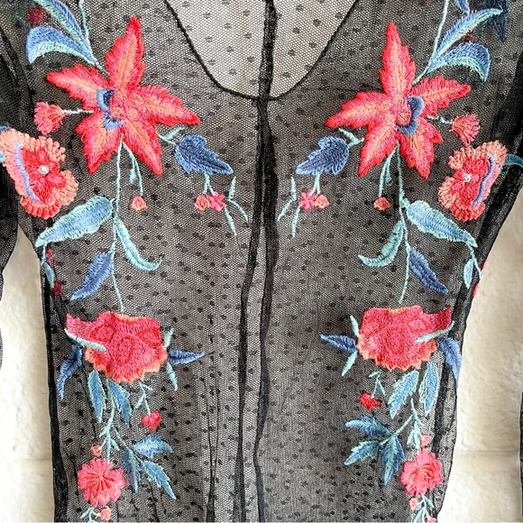 Free People Floral Embroidered Black Sheer Lace Top - Picture 6 of 8